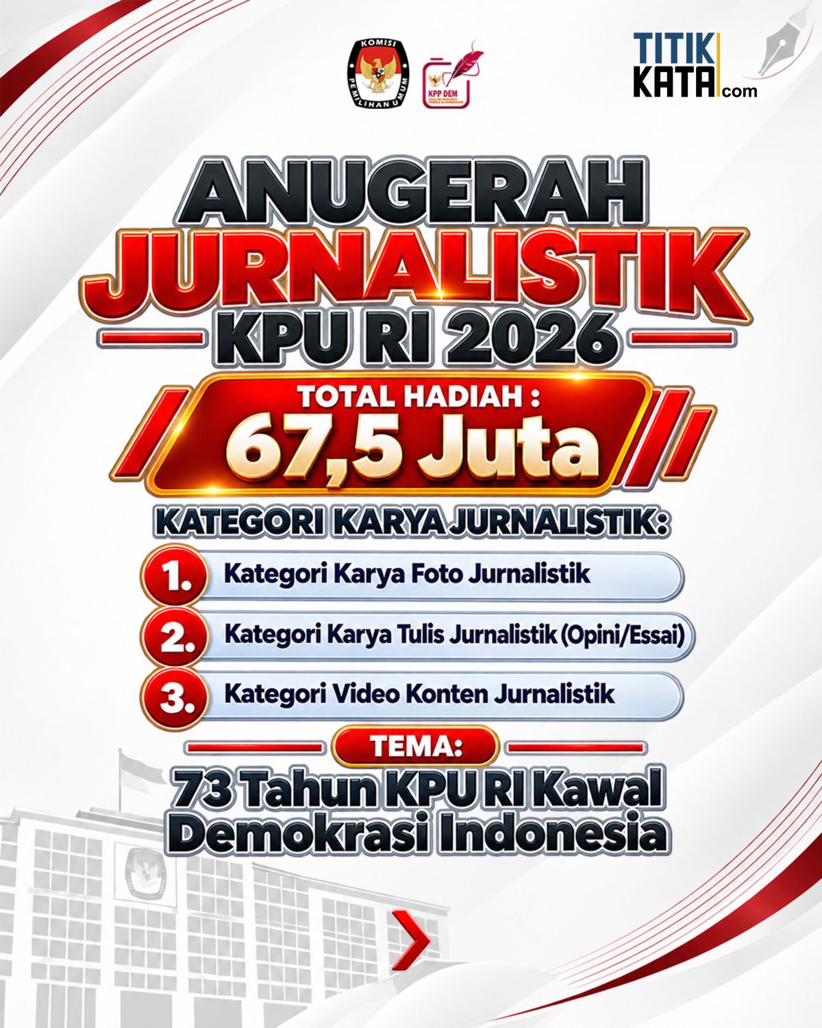 Pendaftaran Anugerah Jurnalistik KPU 2026 Resmi Dibuka, Angkat Tema “73 Tahun KPU RI Kawal Demokrasi Indonesia”